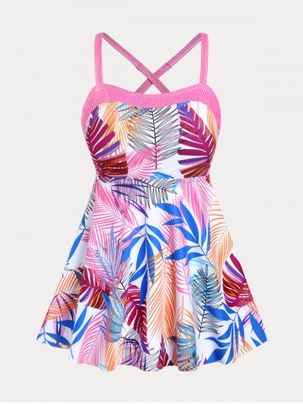 Palm Print Crisscross Cutout Plus Size & Curve Modest Tankini  Swimsuit