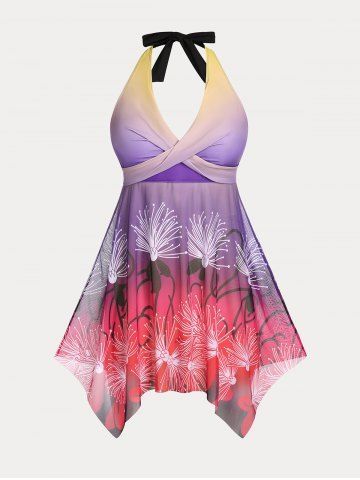 Plus Size & Curve Padded Backless Cross Ombre Tankini Swimsuit - MULTI - 3X