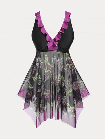 Paisley Print Mesh Panel Plus Size & Curve Handkerchief Tankini Swimsuit - BLACK - 1X