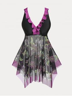 Paisley Print Mesh Panel Plus Size & Curve Handkerchief Tankini Swimsuit - BLACK - 2X