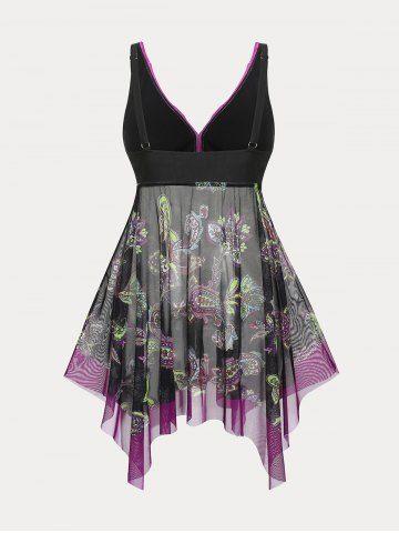 Paisley Print Mesh Panel Plus Size & Curve Handkerchief Tankini Swimsuit