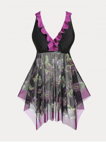 Maillot de Bain Tankini Mouchoir Panneau en Maille à Imprimé Cachemire de Grande Taille - BLACK - 4X