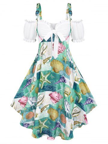 Marine Life Print Bowknot Dress - GREEN - M