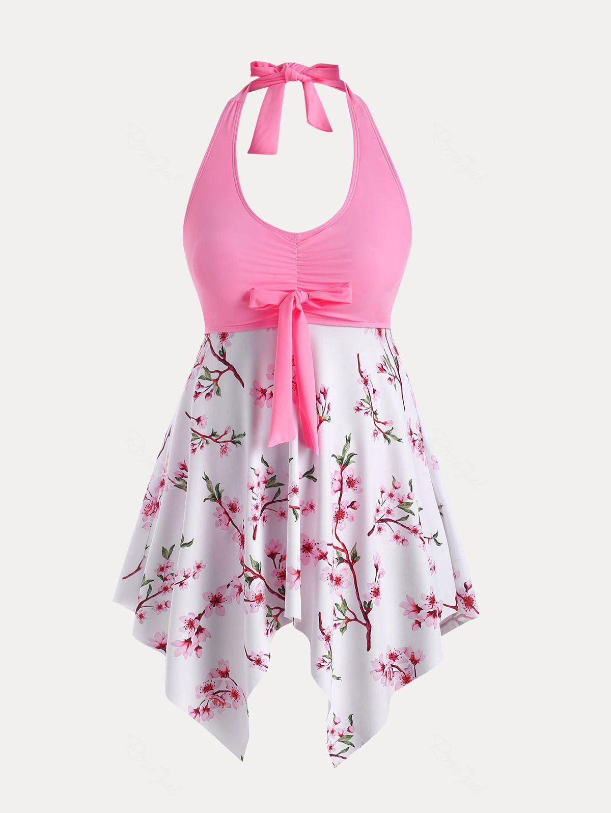 Chic Plus Size & Curve Sakura Blossom Handkerchief Knot Backless Swim Dress Set  