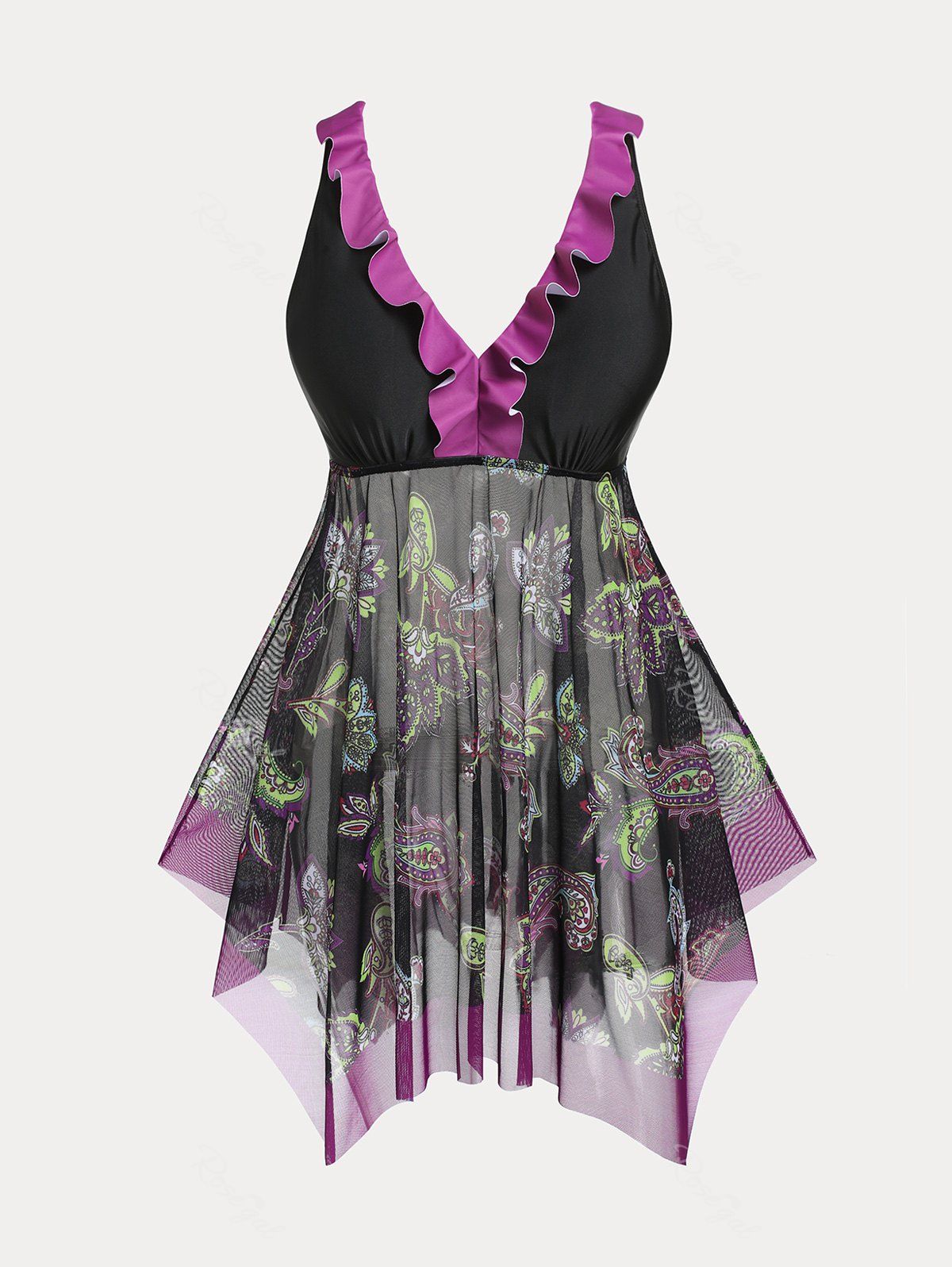 Trendy Paisley Print Mesh Panel Plus Size & Curve Handkerchief Tankini Swimsuit  
