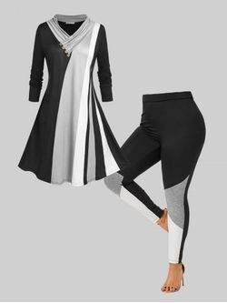 Throbbing Colorblock Shawl Collar Top and Skinny Leggings Plus Size Outfit - MULTI-B