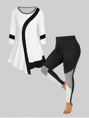 Throbbing Colorblock Asymmetric Top and Skinny Leggings Plus Size Outfit