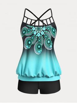 Plus Size & Curve Cutout Ombre Color High Waist Modest Tankini  Swimsuit - BLACK - 1X