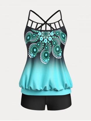 Plus Size & Curve Cutout Ombre Color High Waist Modest Tankini  Swimsuit