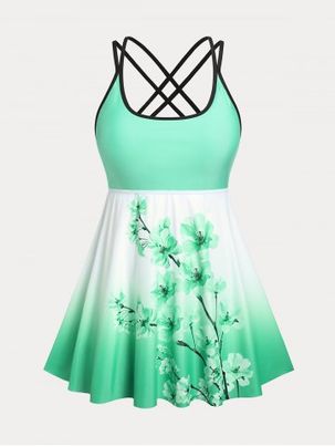 Plus Size & Curve Crisscross Floral Print Ombre Color Modest Tankini Swimsuit