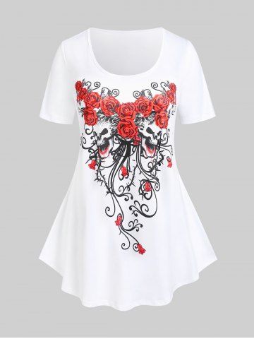 T-shirt Gothique à Imprimé Rose et Crâne Grande Taille - WHITE - L | US 12