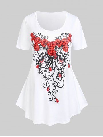 Plus Size & Curve Rose Skull Print Gothic Tee