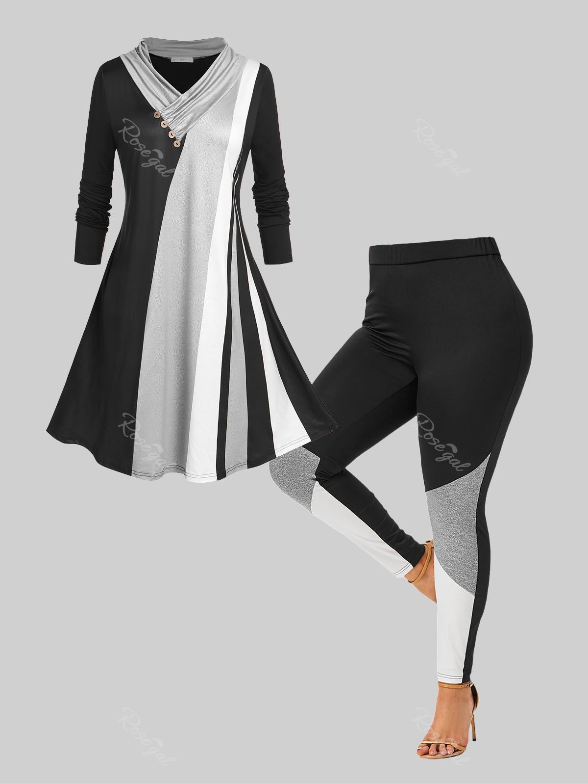 Discount Throbbing Colorblock Shawl Collar Top and Skinny Leggings Plus Size Outfit  