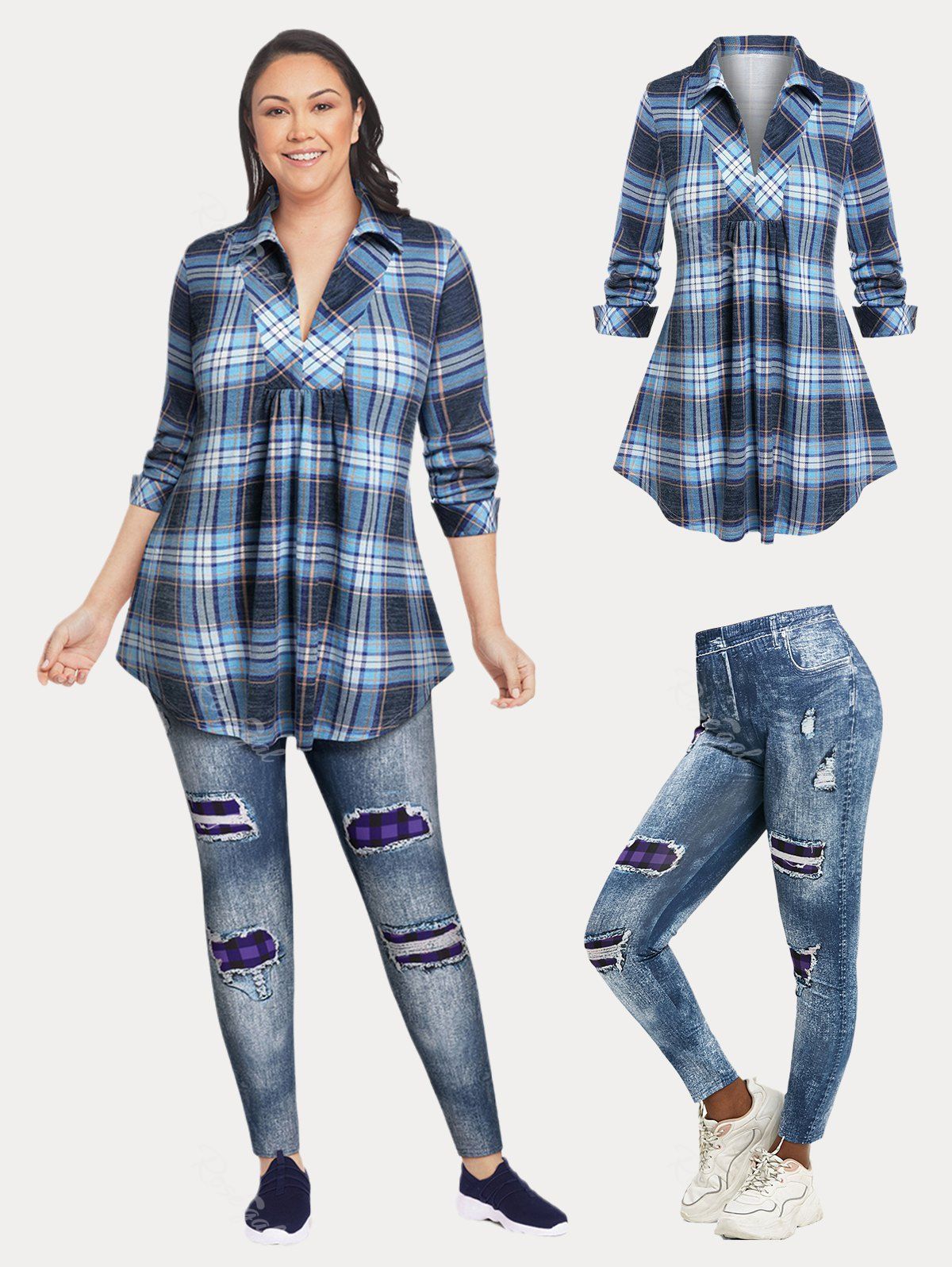 Discount Plaid Story Tunic Top and 3D Ripped Jeggings Plus Size Outfit  