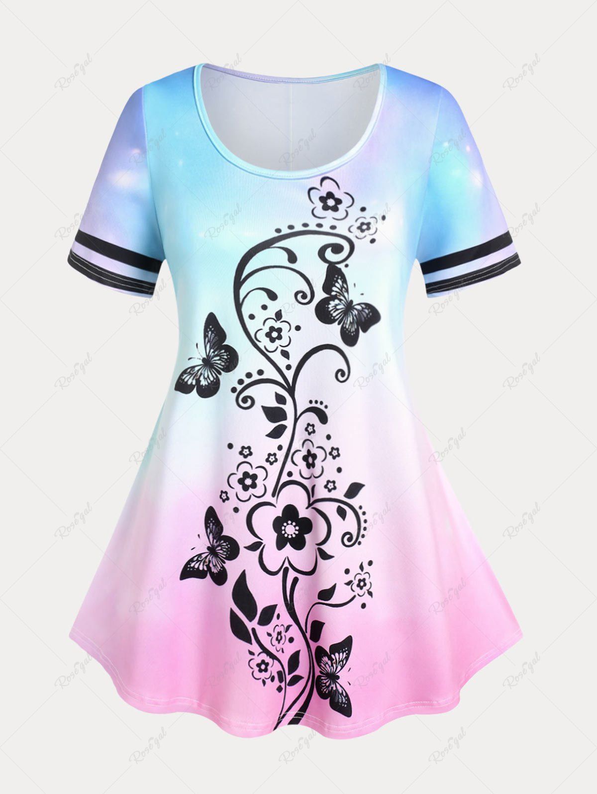T-shirt Ombre à Imprimé Papillon et Fleur Grande Taille Rose clair 