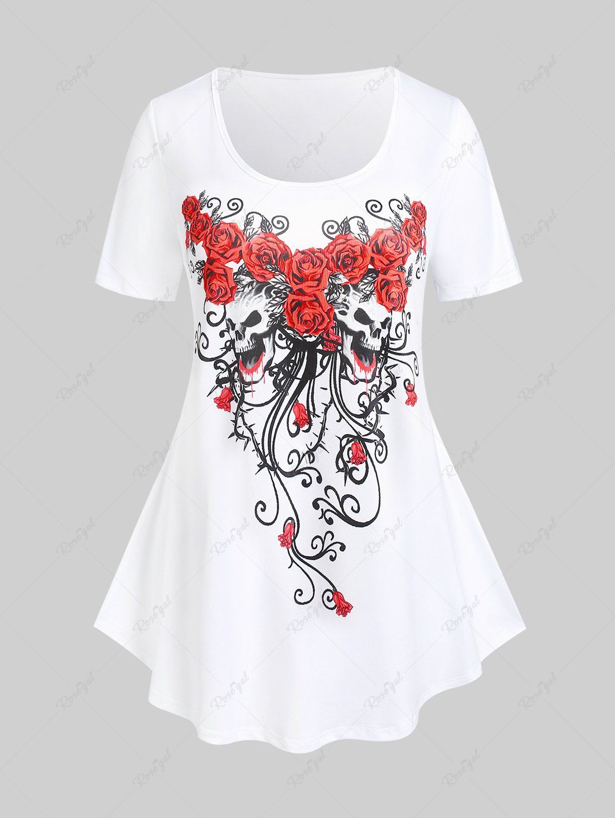 New Plus Size & Curve Rose Skull Print Gothic Tee  
