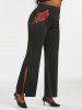 Burning Love Rose Heart Printed Top and Slit Flare Pants Plus Size Bundle -  