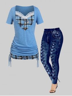 Plaid Cinched 2 in 1 Tee and 3D Printed Curve Leggings Plus Size Summer Outfit - BLUE