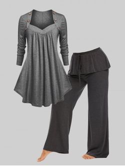 Ultimate Gray Sweetheart Neck Tee and Wide Leg Pants Plus Size Bundle - GRAY