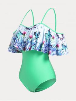 Plus Size & Curve Butterfly Print Ruffled Cold Shoulder One-piece Swimsuit - LIGHT GREEN - L