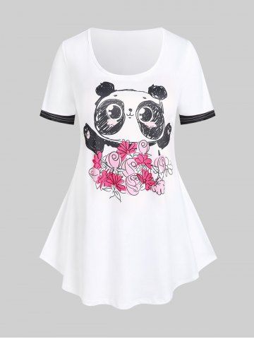 Plus Size & Curve Panda Floral Print Short Sleeves Tee1 - WHITE - 5X | US 30-32