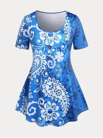 Plus Size&Curve Flower Paisley Print Flared Tee - BLUE - 3X | US 22-24