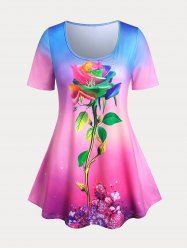 Plus Size&Curve Ombre Color Rose Print Tee -  