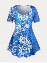 T-shirt Evasé à Imprimé Cachemire Fleur de Grande Taille - Bleu 3X | US 22-24