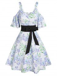 Robe Ligne A à Imprimé Fleur à Epaule Dénudée - Blanc XXL