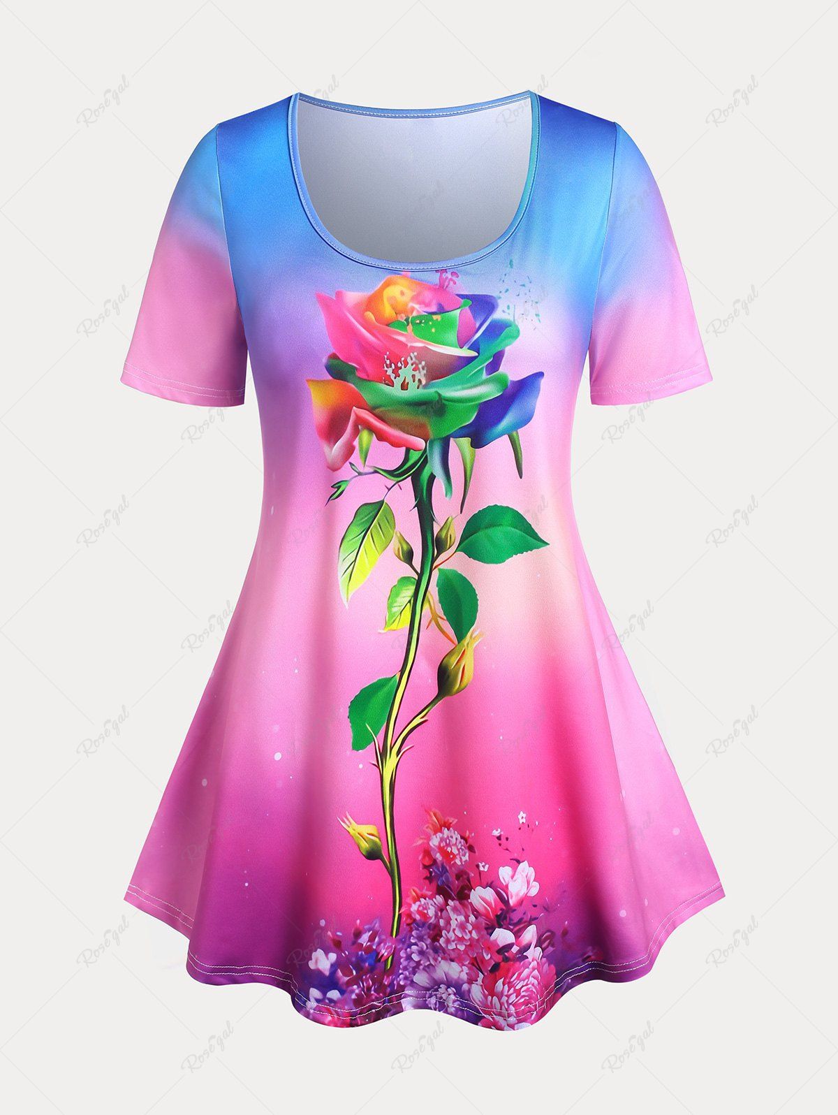 Fancy Plus Size&Curve Ombre Color Rose Print Valentines Tee  