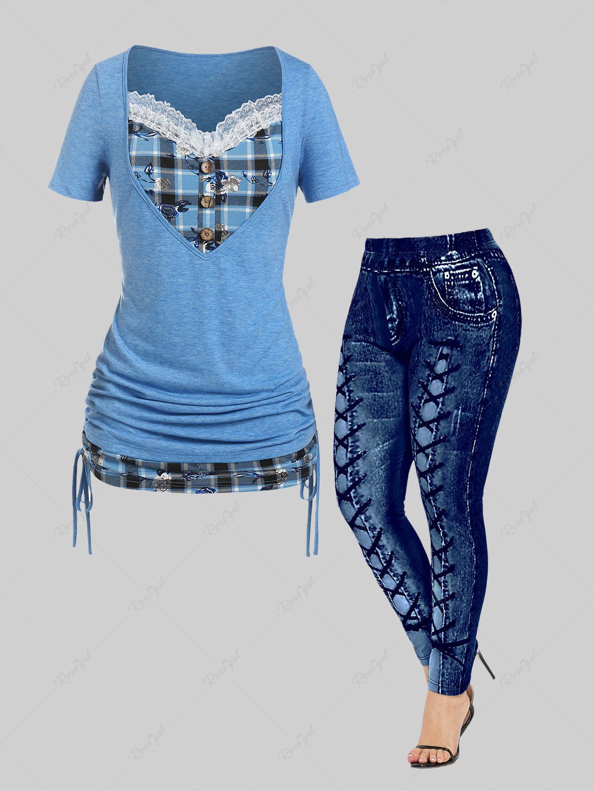 Latest Plaid Cinched 2 in 1 Tee and 3D Printed Curve Leggings Plus Size Summer Outfit  