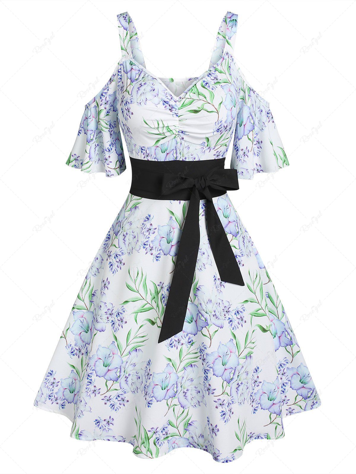 Robe Ligne A à Imprimé Fleur à Epaule Dénudée Blanc XXL