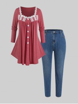 Lace Panel Tee With High Rise Applique Jeans Plus Size Bundle - RED