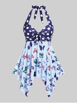 Halter Polka Dot Butterfly Print Underwire Plus Size & Curve Handkerchief Tankini Swimsuit - BLUE - L