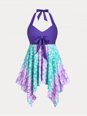 Plus Size & Curve Halter Mermaid Print Backless Handkerchief Tankini Swimsuit - MULTI - L