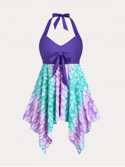Plus Size & Curve Halter Mermaid Print Backless Handkerchief Tankini Swimsuit - MULTI - L