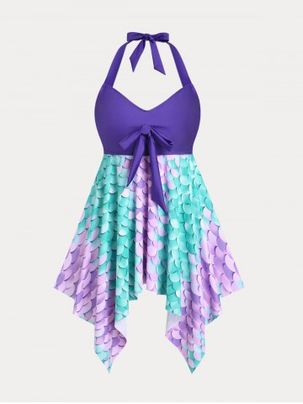 Plus Size & Curve Halter Mermaid Print Backless Handkerchief Tankini Swimsuit