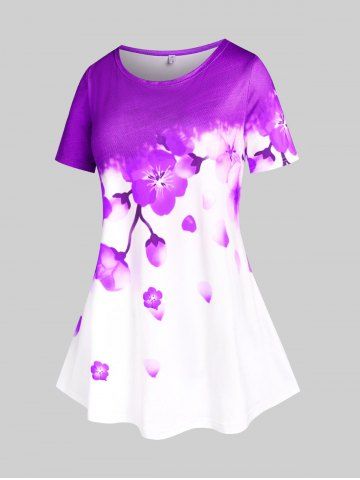 T-shirt à Imprimé Fleur de Sakura de Grande Taille - PURPLE - 3X