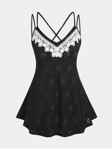 Plus Size & Curve Eyelet Applique Panel Dual Strap Cross Cami Top