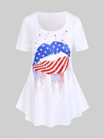 T-shirt Style Curve à Imprimé Lèvre et Drapeau Américain Grande Taille - WHITE - L | US 12