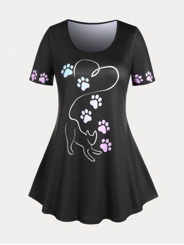 Plus Size & Curve Cat Footprints Graphic Tee - BLACK - 2X | US 18-20