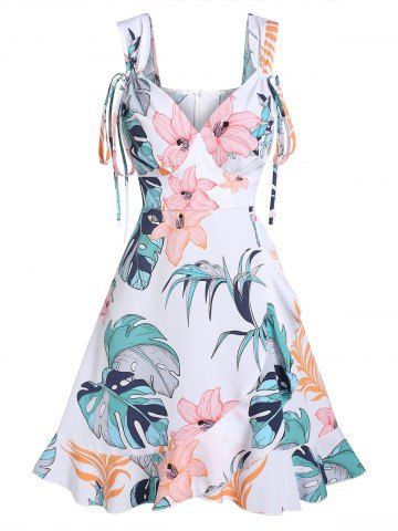 Tropical Print Bowknot A Line Dress - WHITE - M