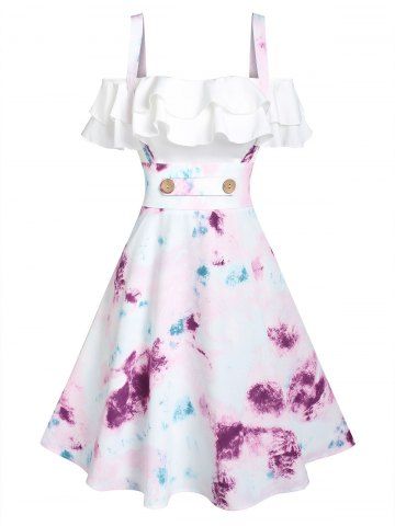 Tie Dye Print Flounce Dress - LIGHT PURPLE - L