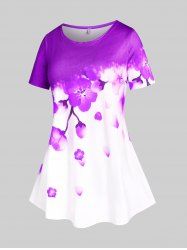 T-shirt à Imprimé Fleur de Sakura de Grande Taille - Pourpre  3X