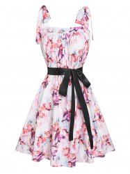 Tie Strap Flower Print Belted Dress -  