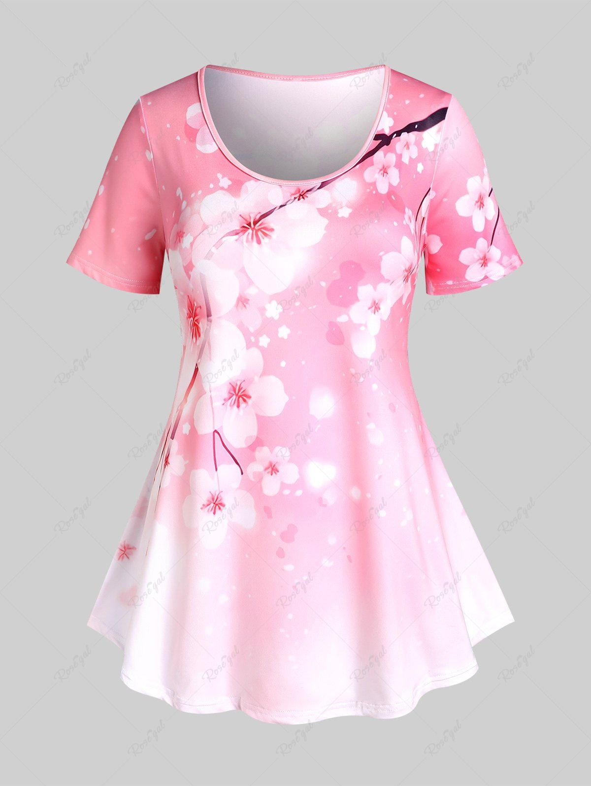 T-shirt à Imprimé Fleur de Sakura Curve Cottagecore Grande Taille Rose clair L | US 12