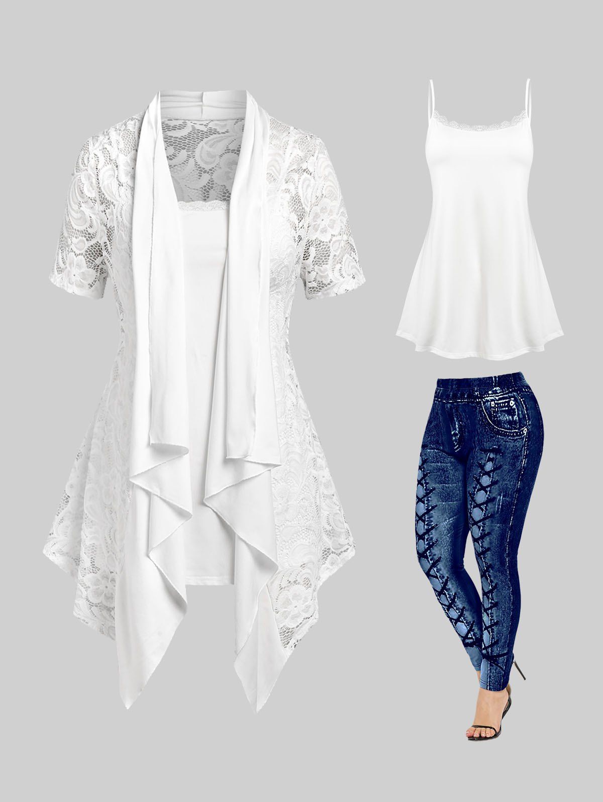 Chic Asymmetric Lace Draped Cardigan Set and Leggings Plus Size Summer Outfit  