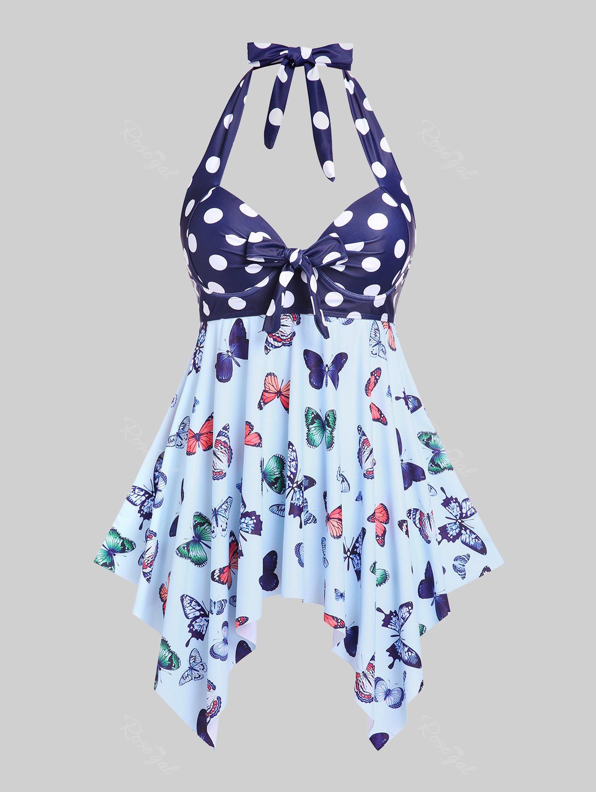 Fancy Halter Polka Dot Butterfly Print Underwire Plus Size & Curve Handkerchief Tankini Swimsuit  