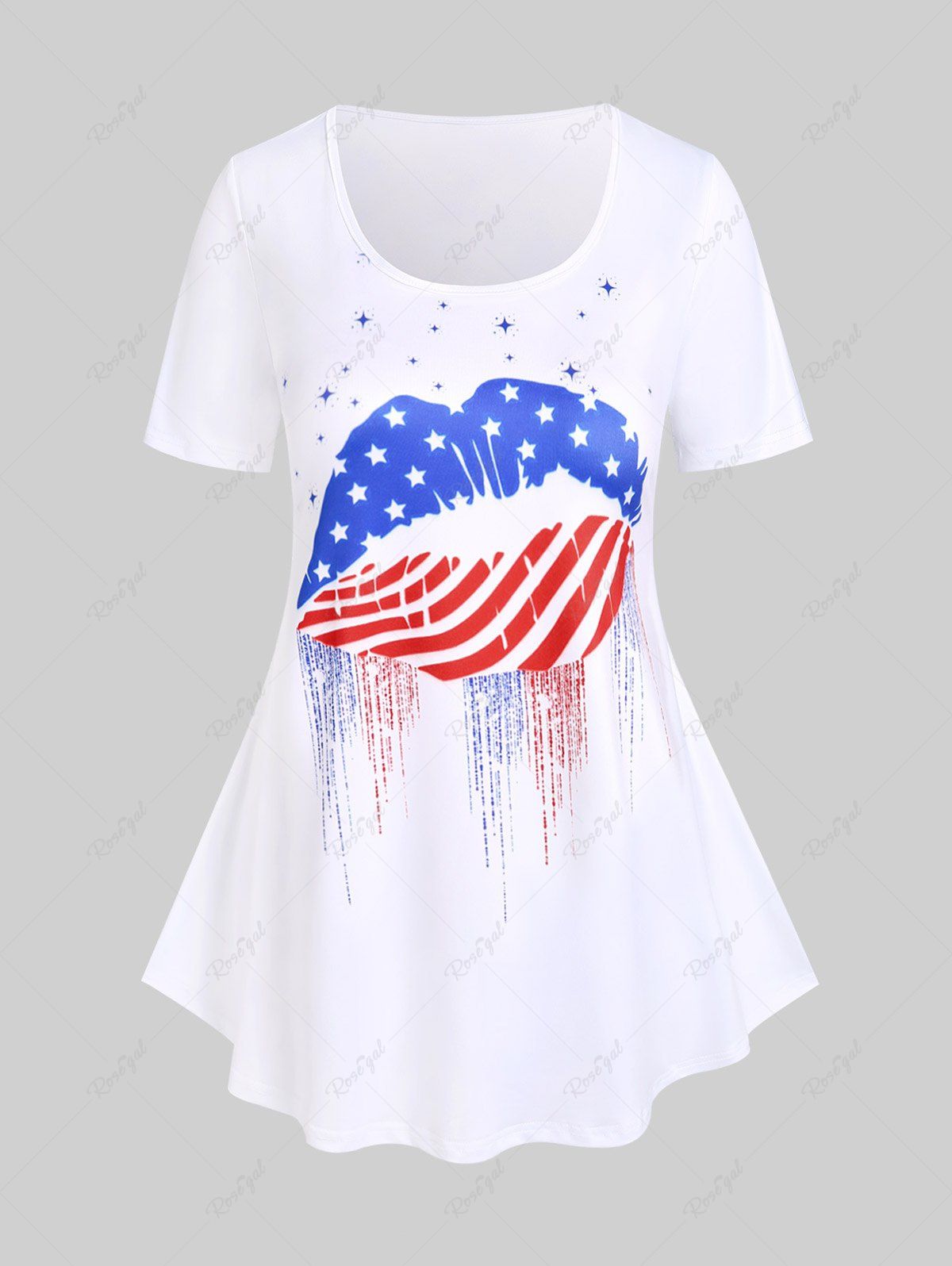 T-shirt Style Curve à Imprimé Lèvre et Drapeau Américain Grande Taille Blanc 5x | US 30-32