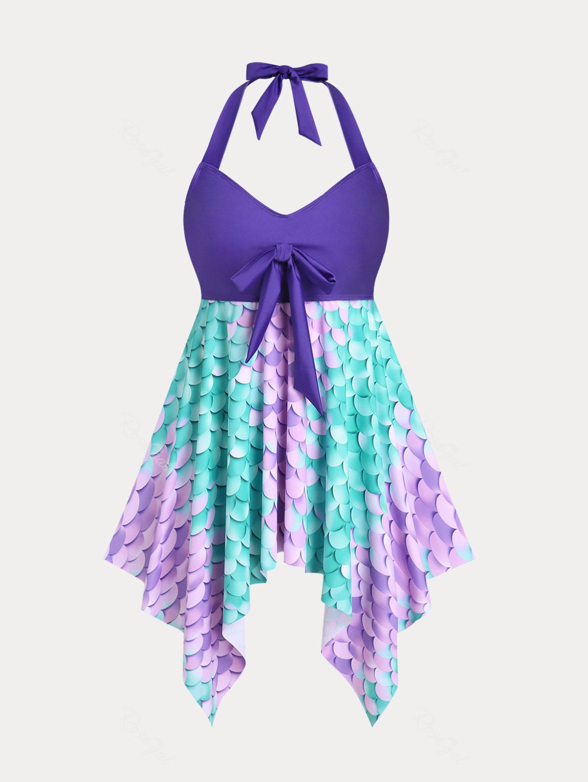 Fashion Plus Size & Curve Halter Mermaid Print Backless Handkerchief Tankini Swimsuit  